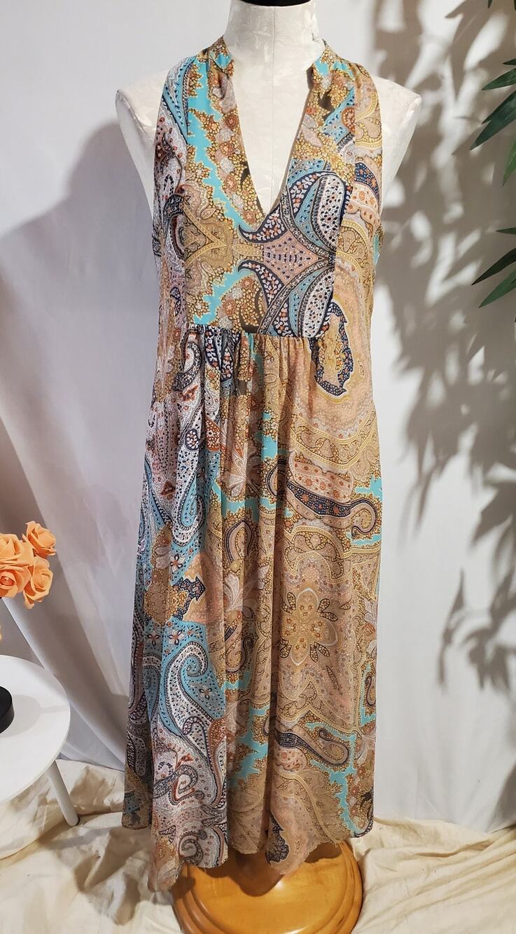 MNG Mango Suit Sheer Overlay V-Neck Multi Paisley Maxi Dress Size 4 Boho Hippie